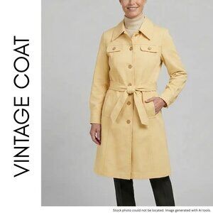 Vintage 80s Atkins Women's Medium Pastel Yellow Trench Coat Belted Raincoat